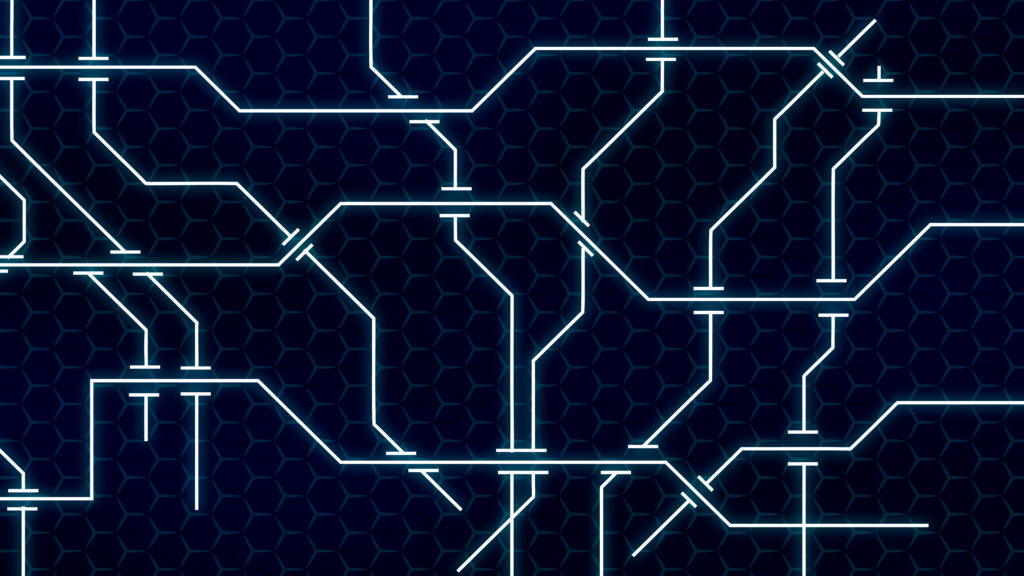 sci fi digital circuit board electrical lines connected on blue and cyan lighting background.