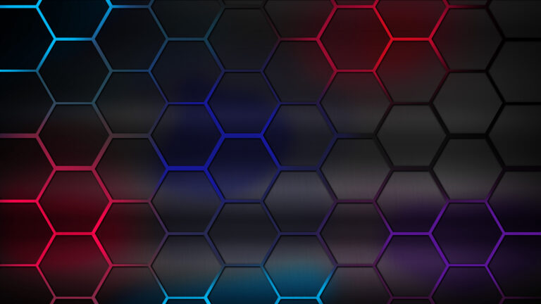 Dark futuristic hexagon carbon fiber with red and blue glowing lights gamer backgrond