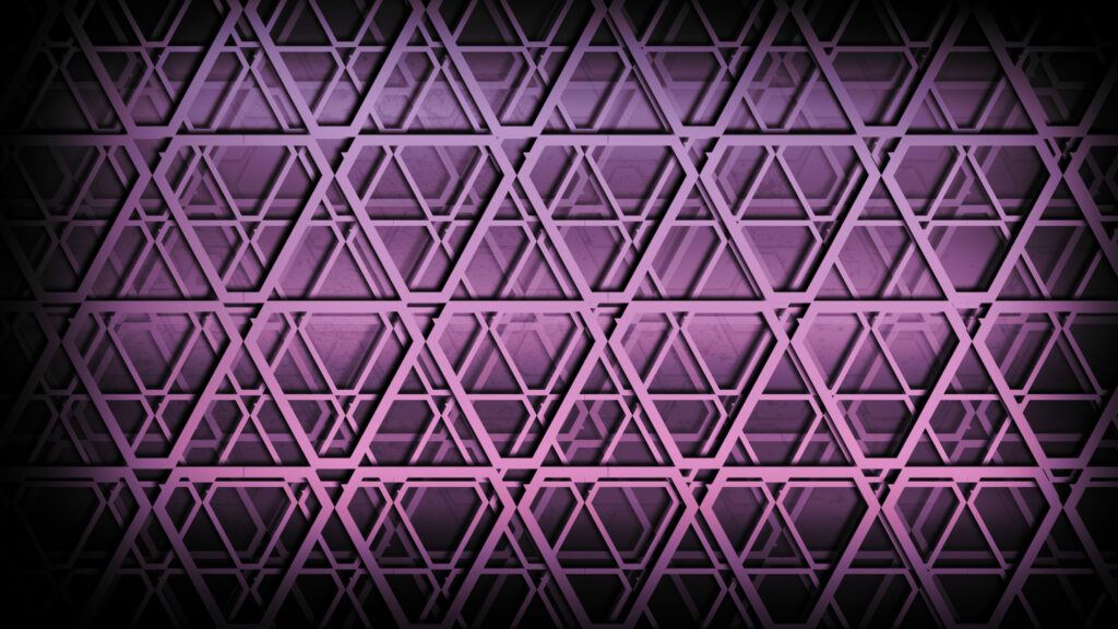 Pattern of black triangle prisms with purple glowing shades. Gaming background. d rendering designs.