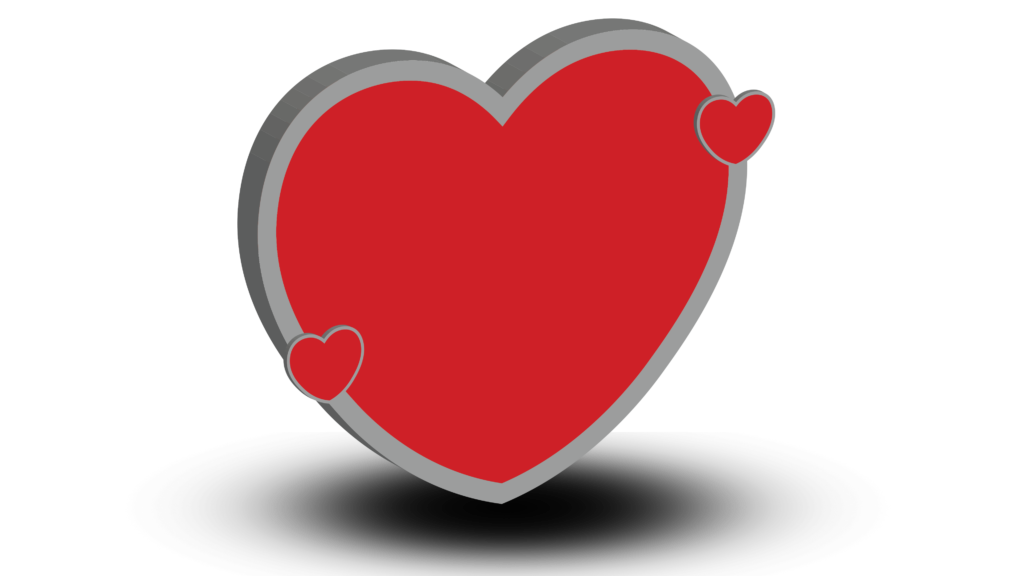 3D heart PNG standing with black shadow