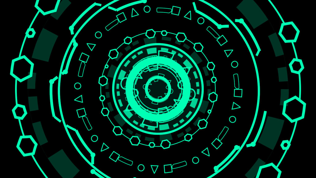 Green color Fingerprint scanner UI with neon lights dark grid background.