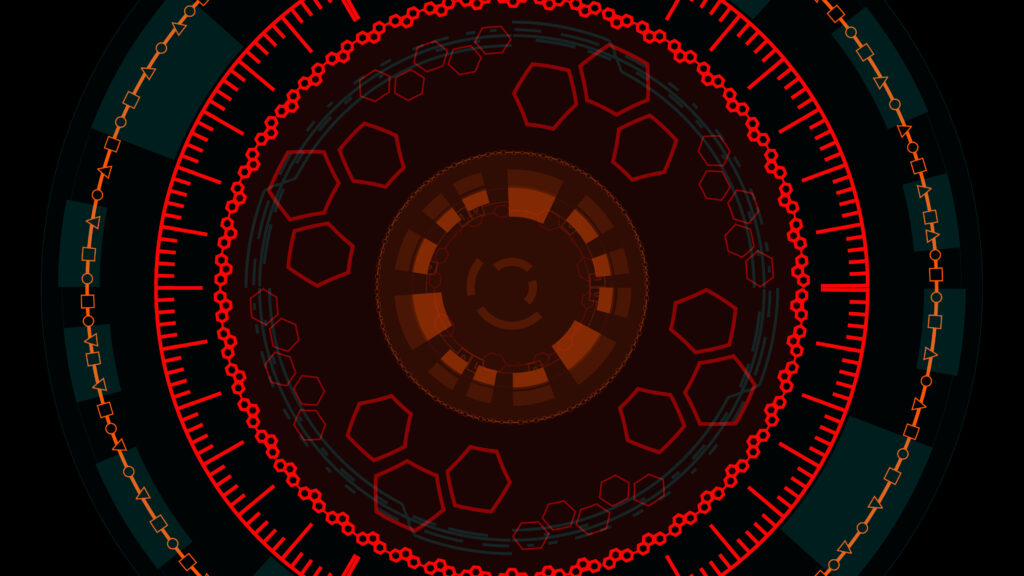 Red Circle Sci Fi Digital Circuit Board Theme with Electrical Lines Connected and Accentuated by Lighting