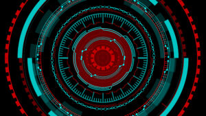 Red Circle Tech Sci Fi Hologram Frame Featuring Blue and Cyan Colors in a Template Design Background