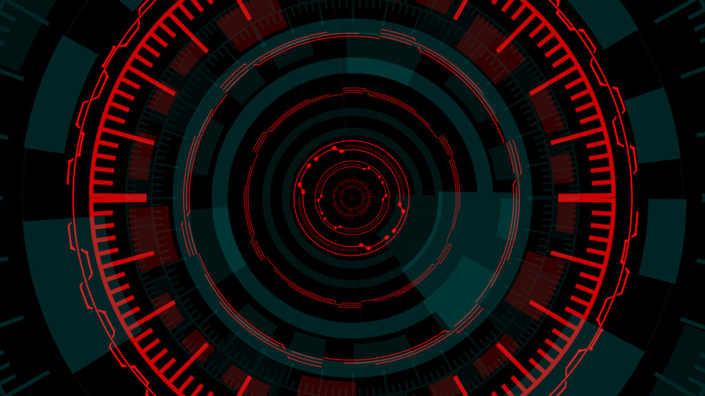 Red Technology Background with Cyan Sci Fi Futuristic Elements and Circular Patterns